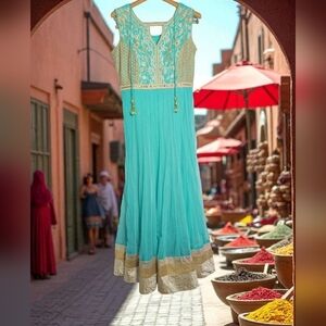 Unbranded Aqua & Gold M Anarkali  Women's Net Dress W/ Matching Scarf